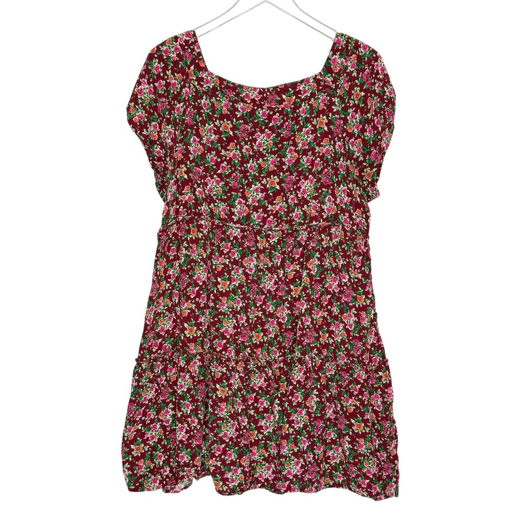 Natural Life Berkley Short Tiered Dress L/XL Burgundy Pink Ditsy Floral Babydoll